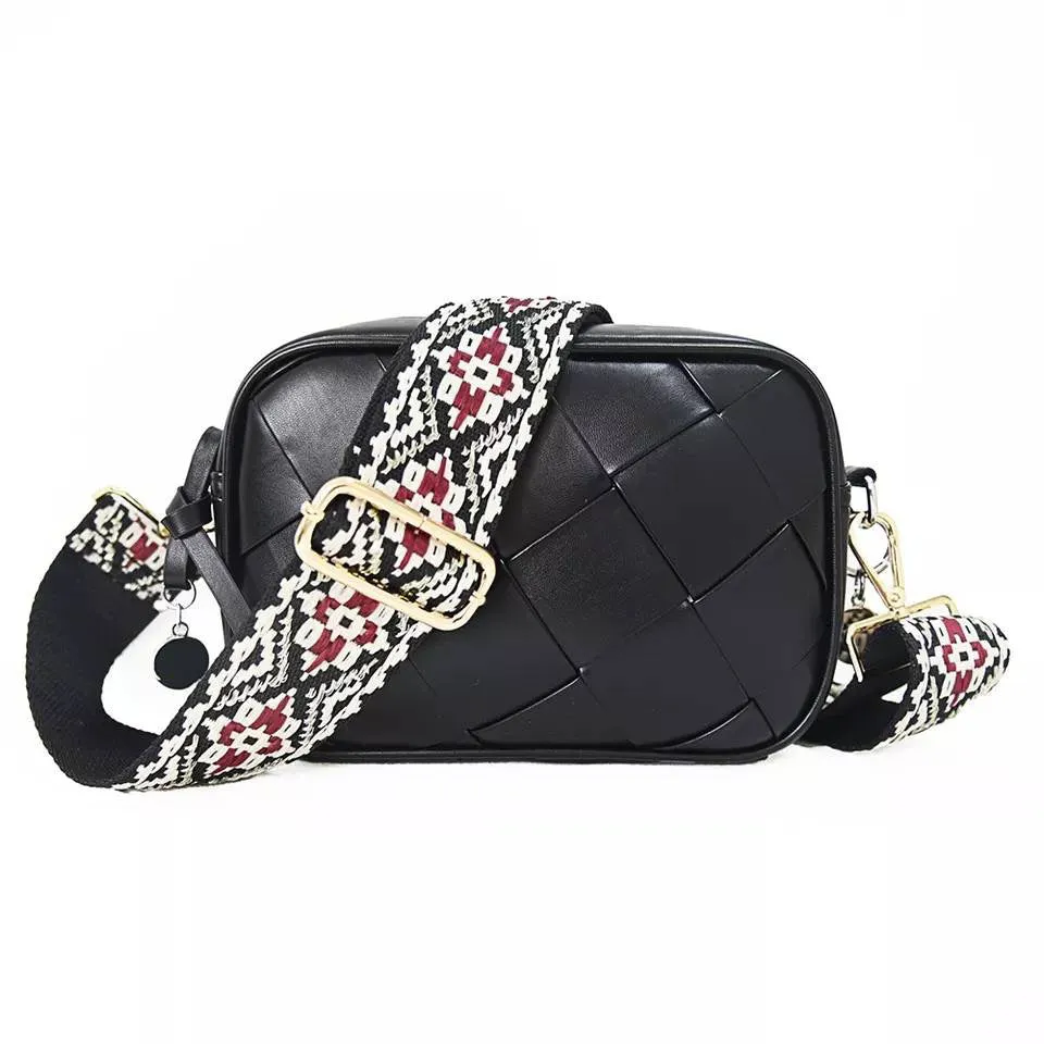 Woven Small Vegan Leather Crossbody - Black or Camel