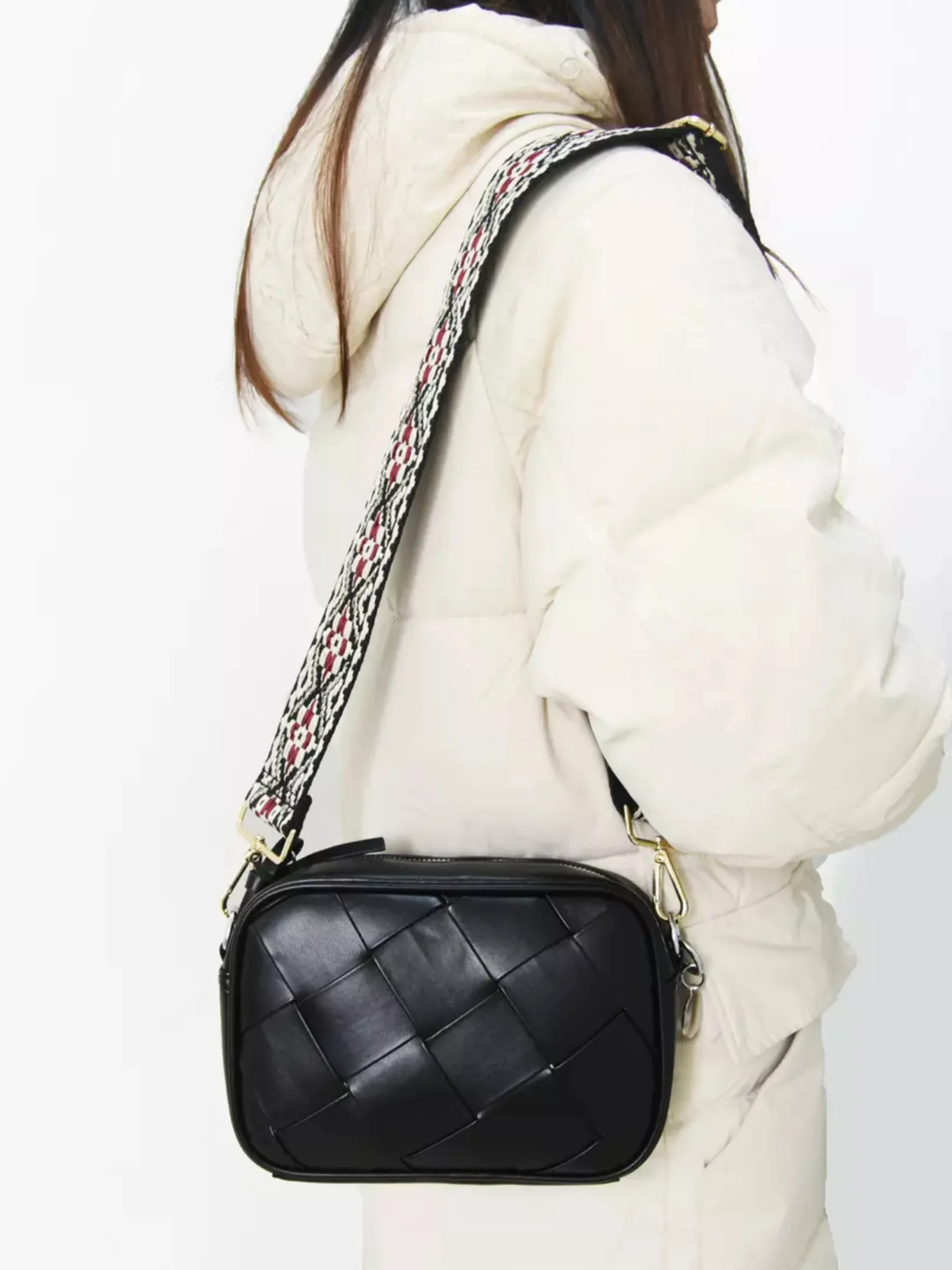 Woven Small Vegan Leather Crossbody - Black or Camel