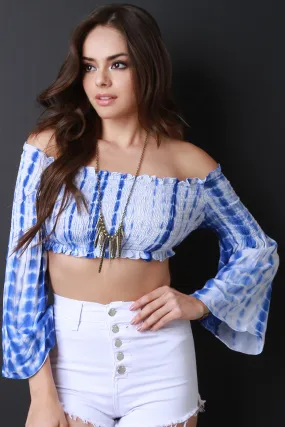 Woven Tie Dye Off The Shoulder Ruffled Crop Top