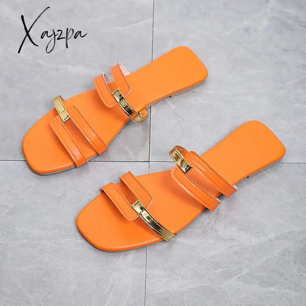 Xajzpa - Women Metallic Detail Slide Sandals 2023 Summer New Outdoor Slippers design Sandy Beach Open Toe Sandals Leisure Flat shoes