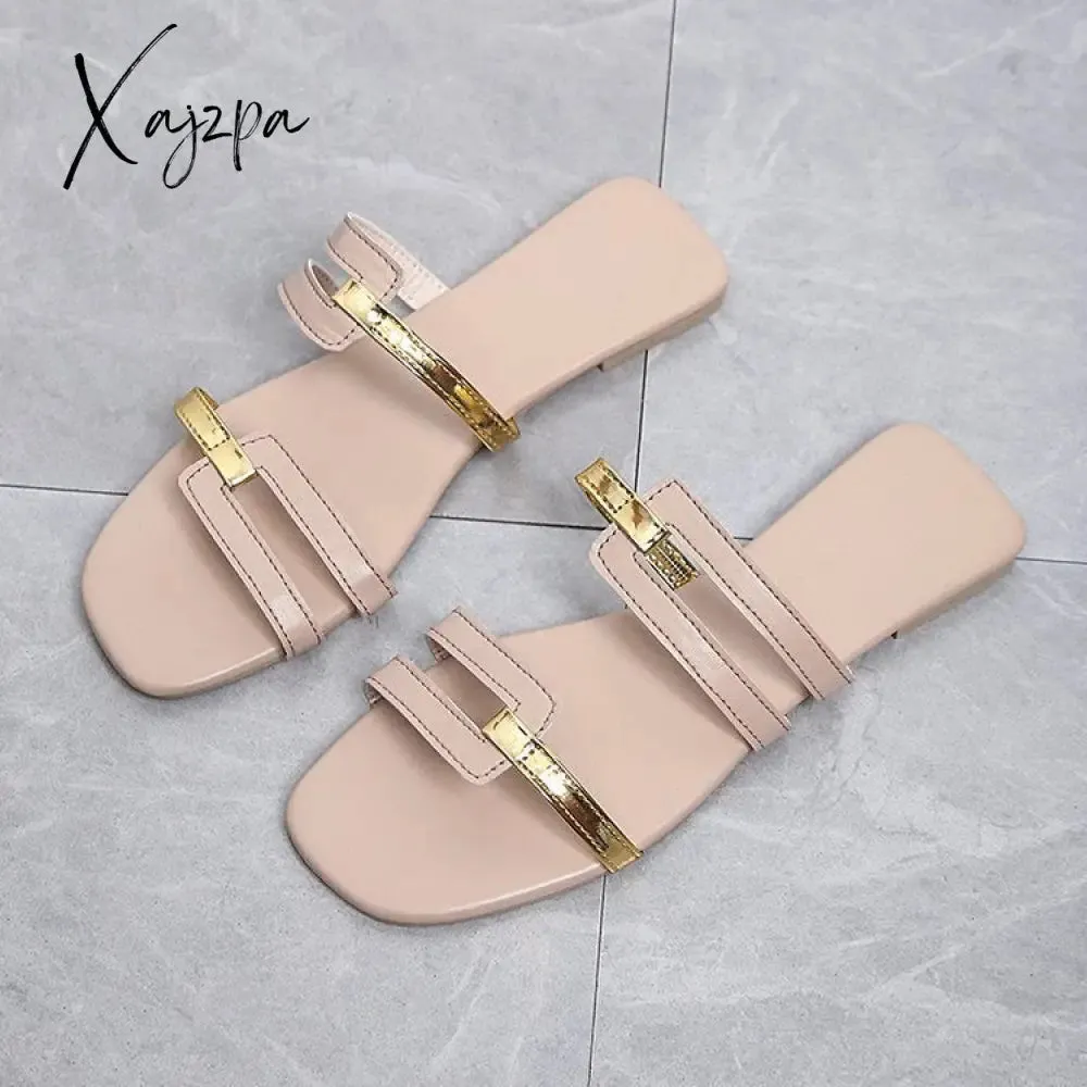 Xajzpa - Women Metallic Detail Slide Sandals 2023 Summer New Outdoor Slippers design Sandy Beach Open Toe Sandals Leisure Flat shoes
