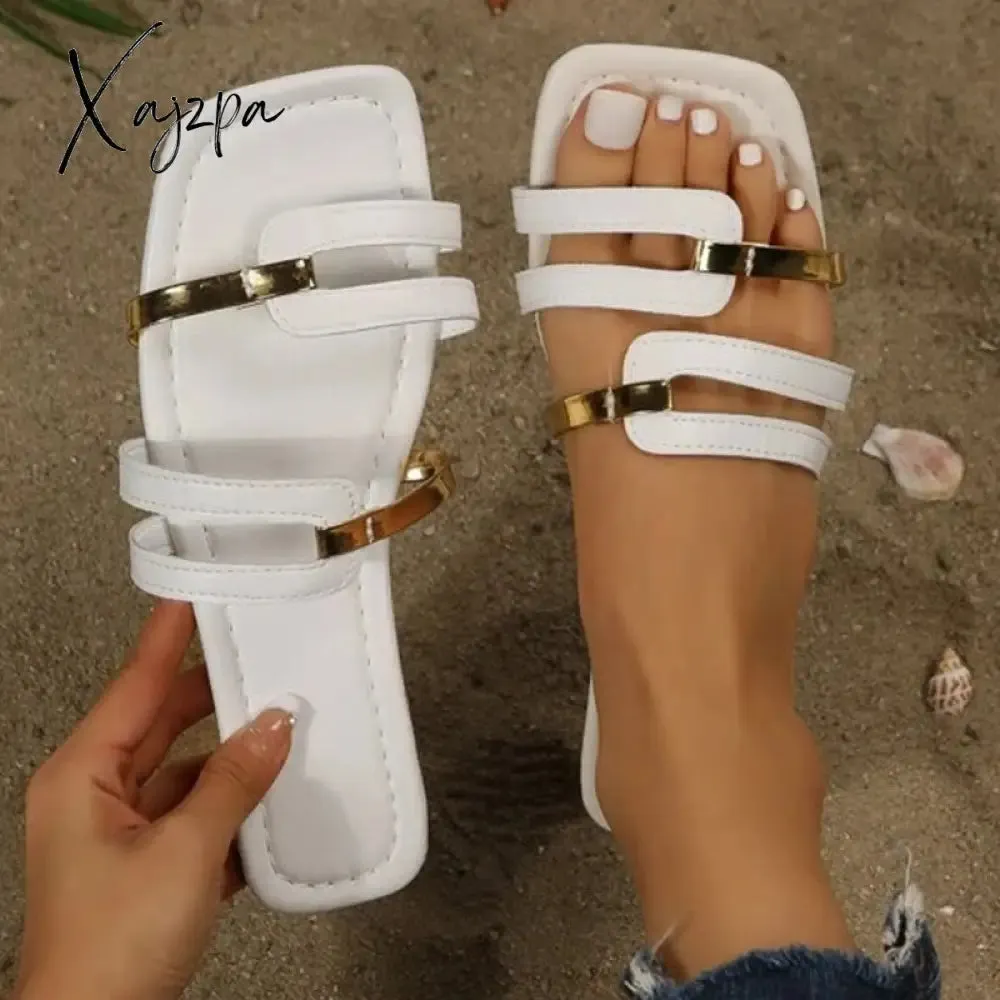 Xajzpa - Women Metallic Detail Slide Sandals 2023 Summer New Outdoor Slippers design Sandy Beach Open Toe Sandals Leisure Flat shoes