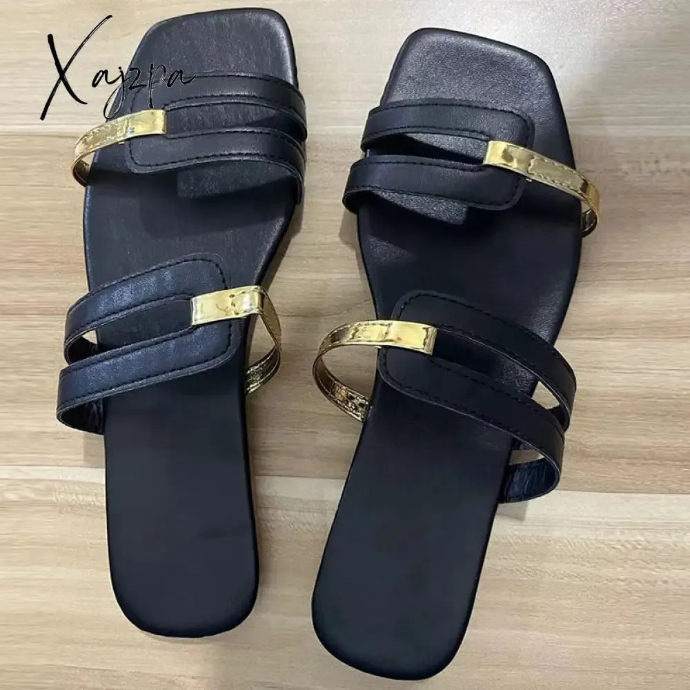 Xajzpa - Women Metallic Detail Slide Sandals 2023 Summer New Outdoor Slippers design Sandy Beach Open Toe Sandals Leisure Flat shoes