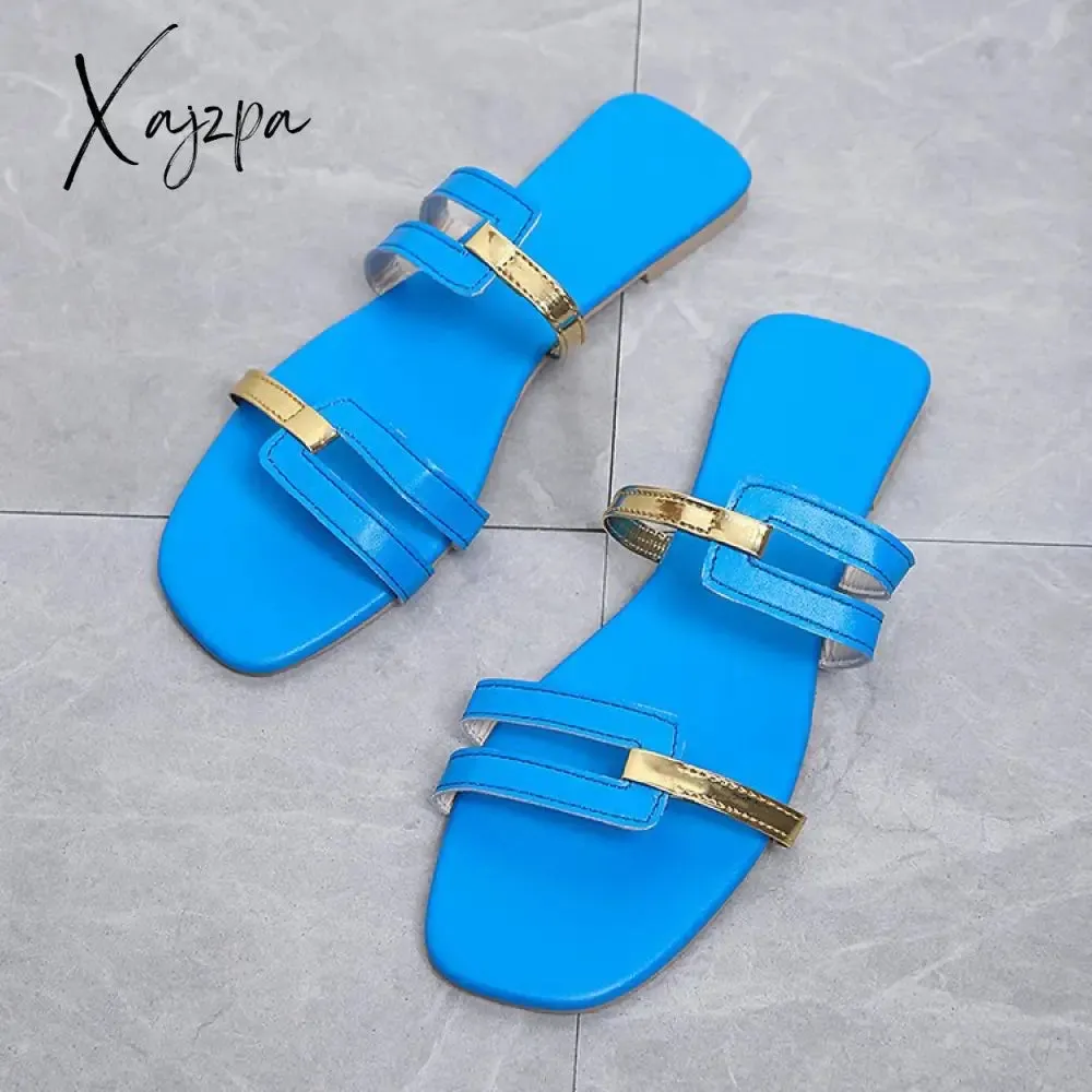 Xajzpa - Women Metallic Detail Slide Sandals 2023 Summer New Outdoor Slippers design Sandy Beach Open Toe Sandals Leisure Flat shoes