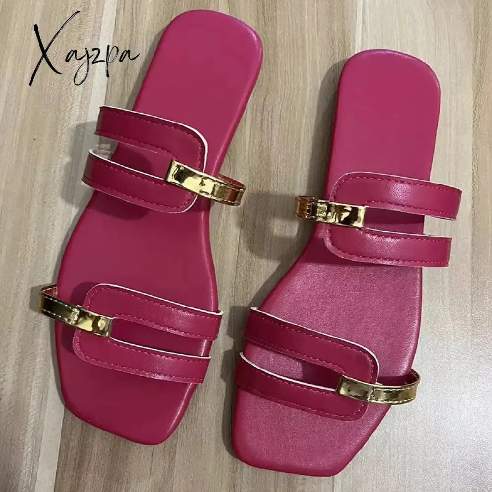 Xajzpa - Women Metallic Detail Slide Sandals 2023 Summer New Outdoor Slippers design Sandy Beach Open Toe Sandals Leisure Flat shoes