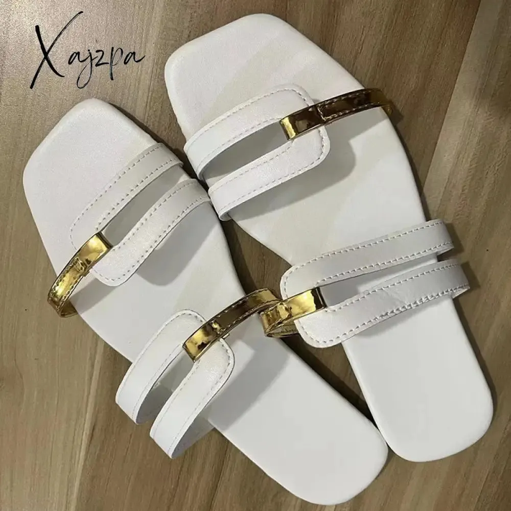 Xajzpa - Women Metallic Detail Slide Sandals 2023 Summer New Outdoor Slippers design Sandy Beach Open Toe Sandals Leisure Flat shoes