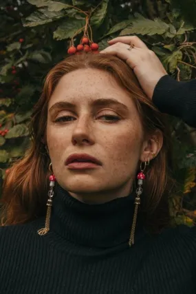 Xander Kostroma - Gold Tone XL Mushroom & Quartz Tassel Drop Hoop Earrings for Women - Enhances Healing and Style - Handcrafted Unique Jewelry - 11.5cm Length - Perfect Gift for Elegance and Balance