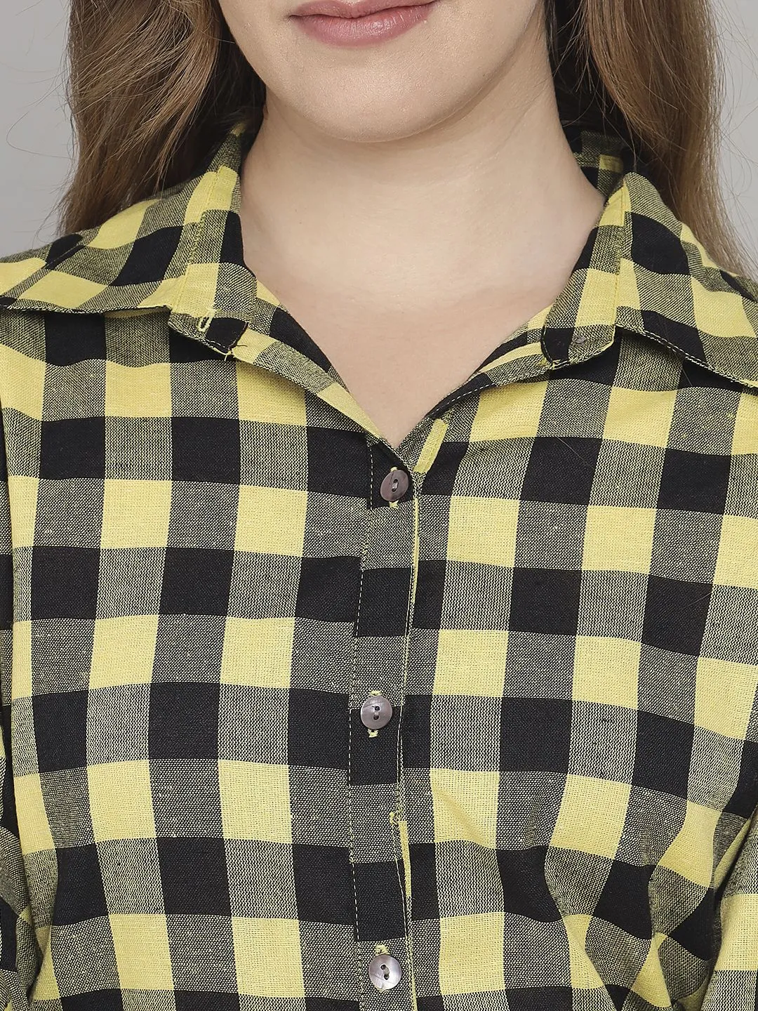 Yellow And Black Check Print Knee Length Cotton Sleep Shirt