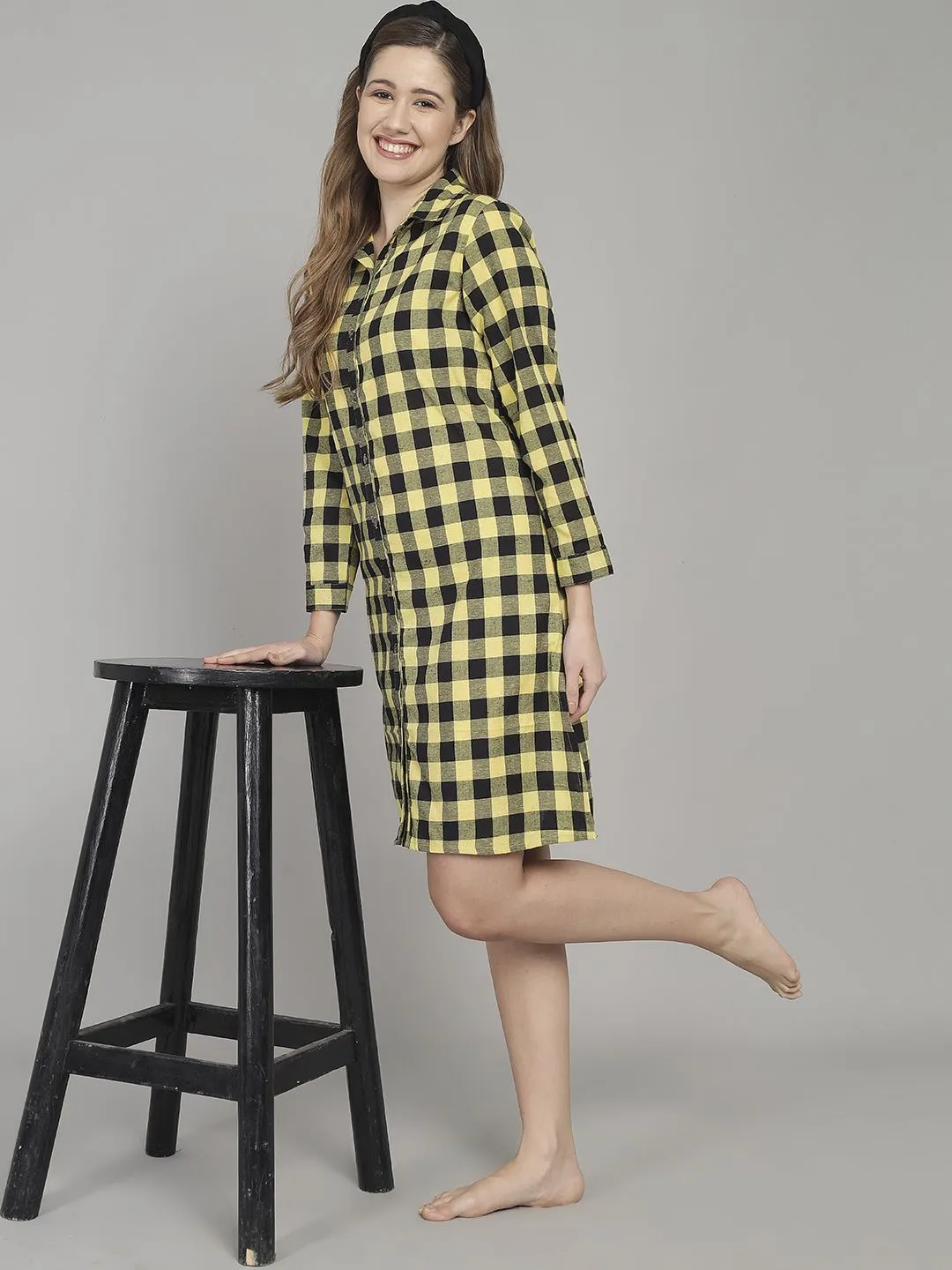 Yellow And Black Check Print Knee Length Cotton Sleep Shirt