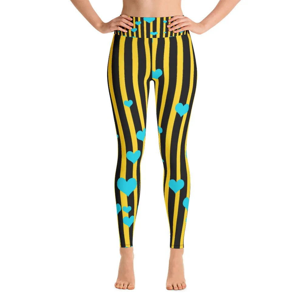 Yellow Black Striped Leggings, Women's Active Wear Fitted Yoga Tights -Made in USA/EU
