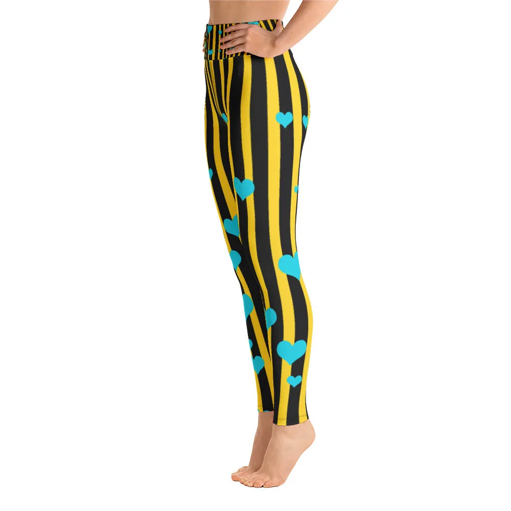 Yellow Black Striped Leggings, Women's Active Wear Fitted Yoga Tights -Made in USA/EU