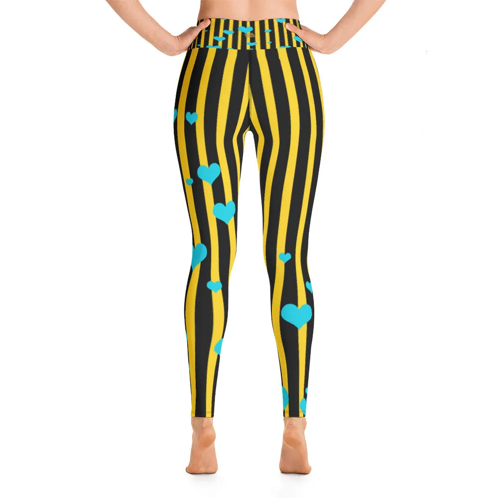 Yellow Black Striped Leggings, Women's Active Wear Fitted Yoga Tights -Made in USA/EU