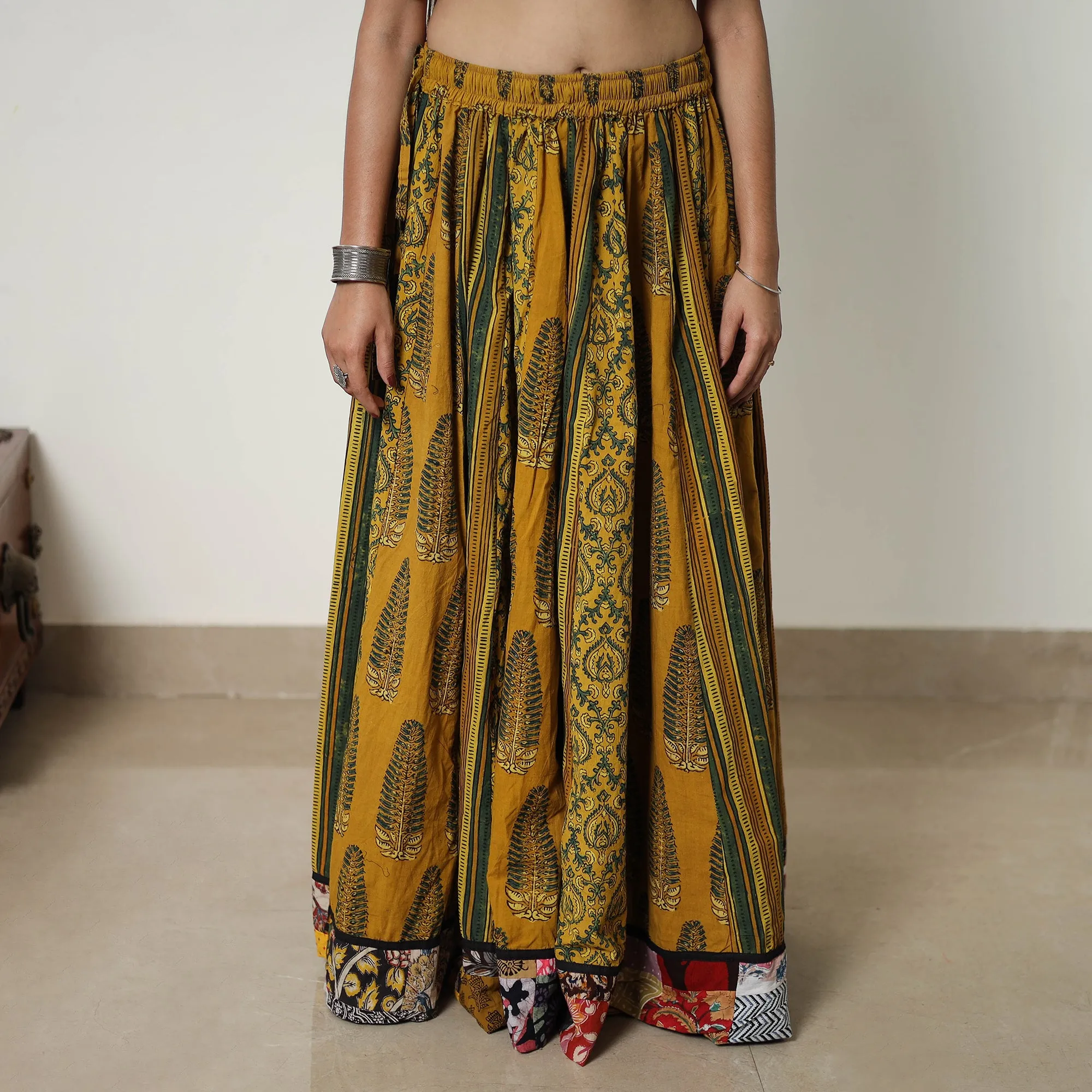 Yellow - Block Print Cotton 24 Kali Patchwork Ajrakh Long Skirt 02