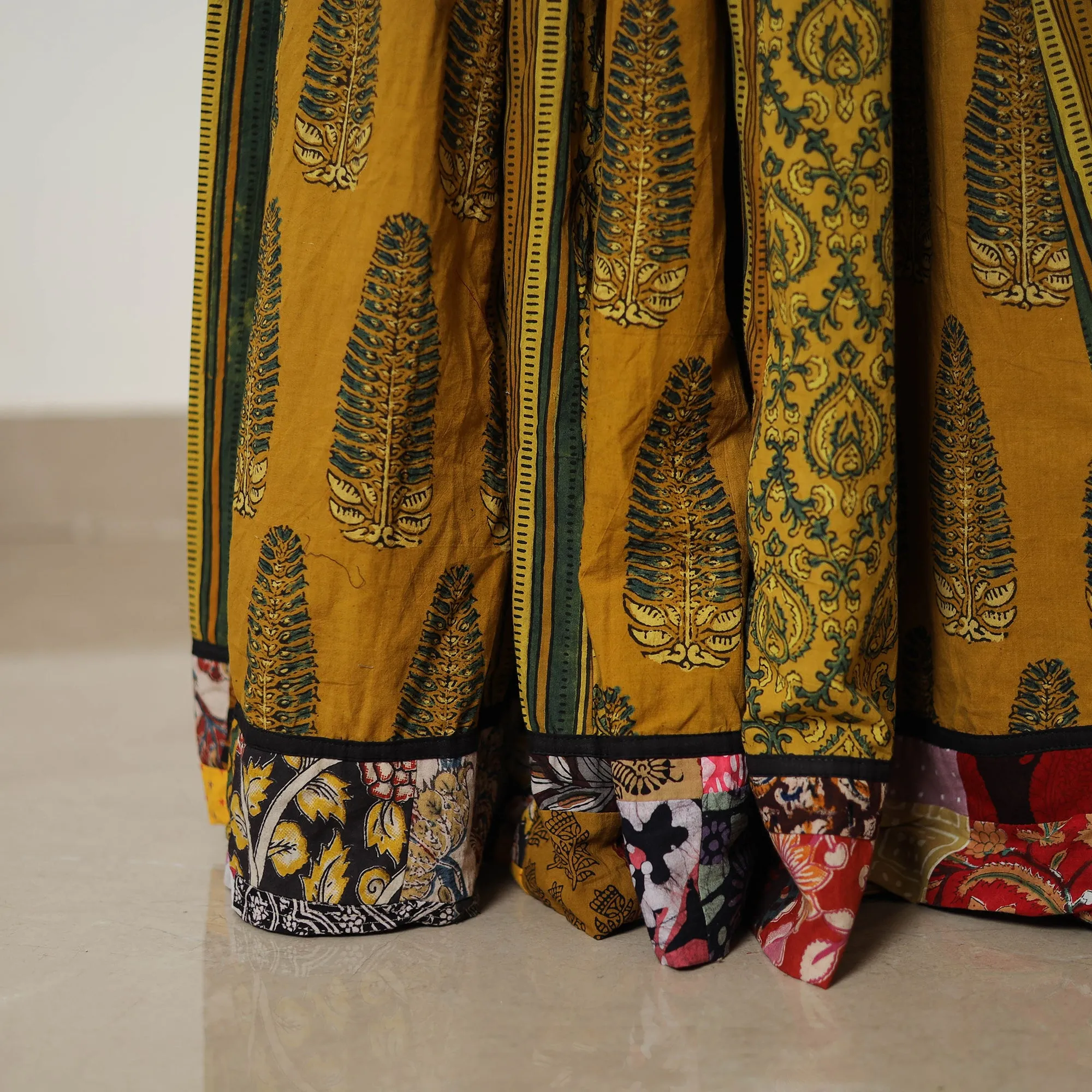 Yellow - Block Print Cotton 24 Kali Patchwork Ajrakh Long Skirt 02