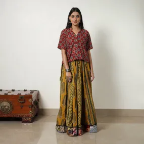 Yellow - Block Print Cotton 24 Kali Patchwork Ajrakh Long Skirt 02