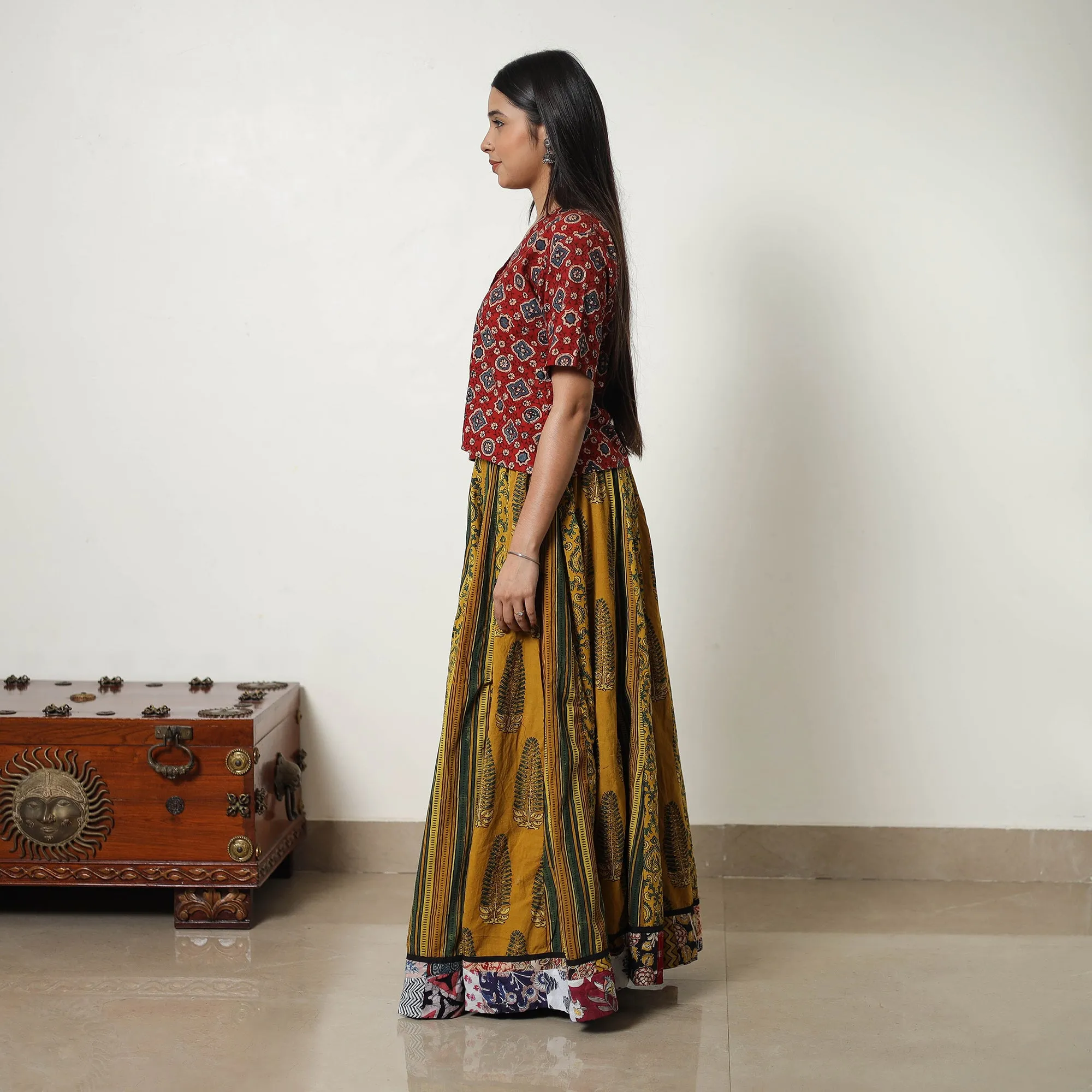 Yellow - Block Print Cotton 24 Kali Patchwork Ajrakh Long Skirt 02
