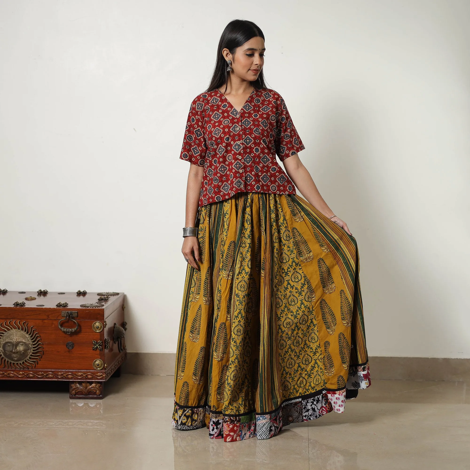 Yellow - Block Print Cotton 24 Kali Patchwork Ajrakh Long Skirt 02