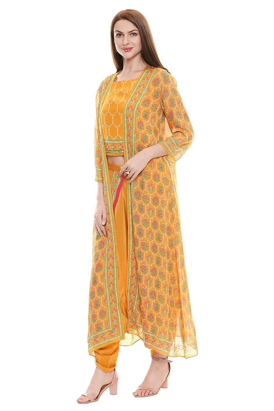 Yellow Crop Top & Dhoti With Jacket (Set of 3)