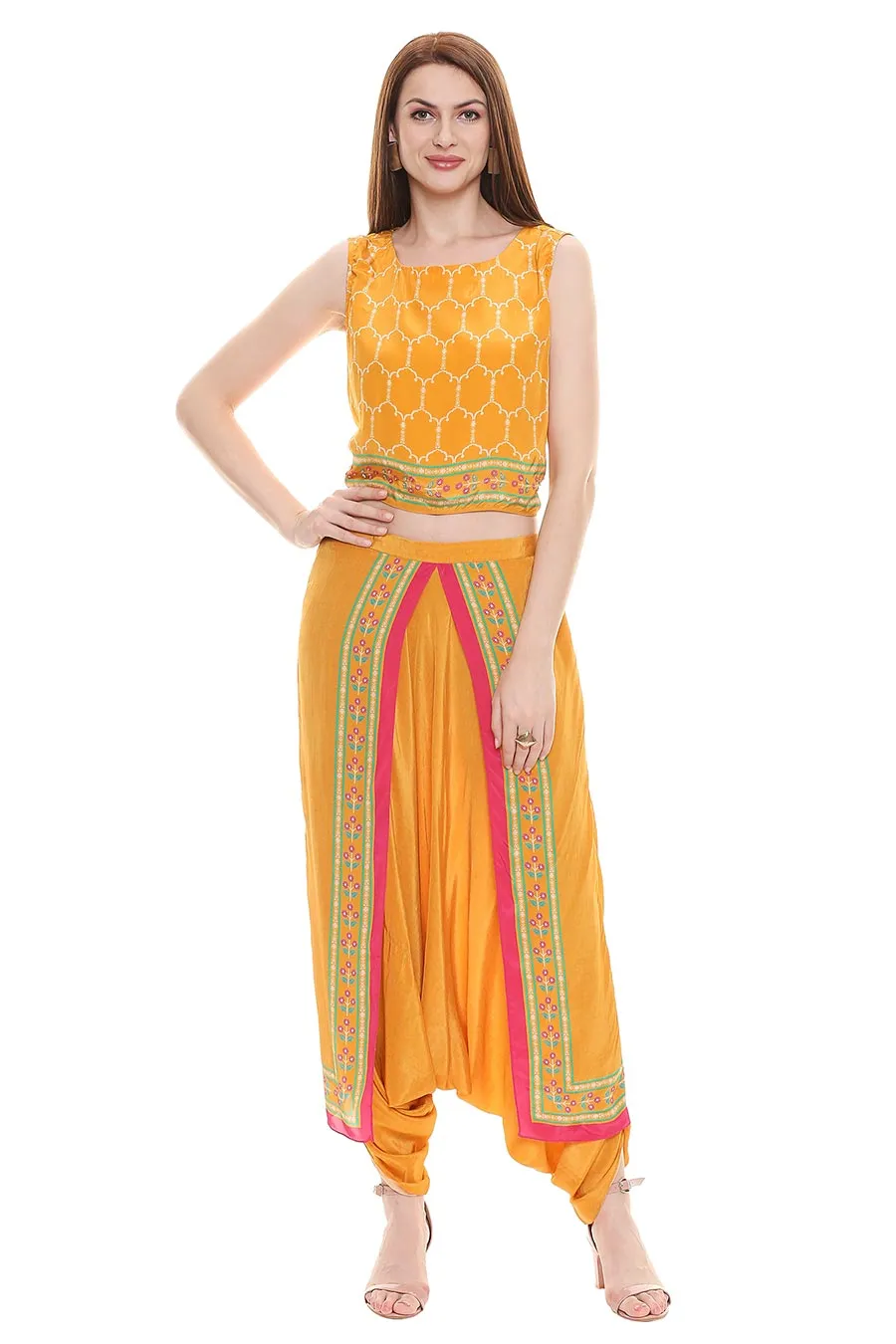 Yellow Crop Top & Dhoti With Jacket (Set of 3)