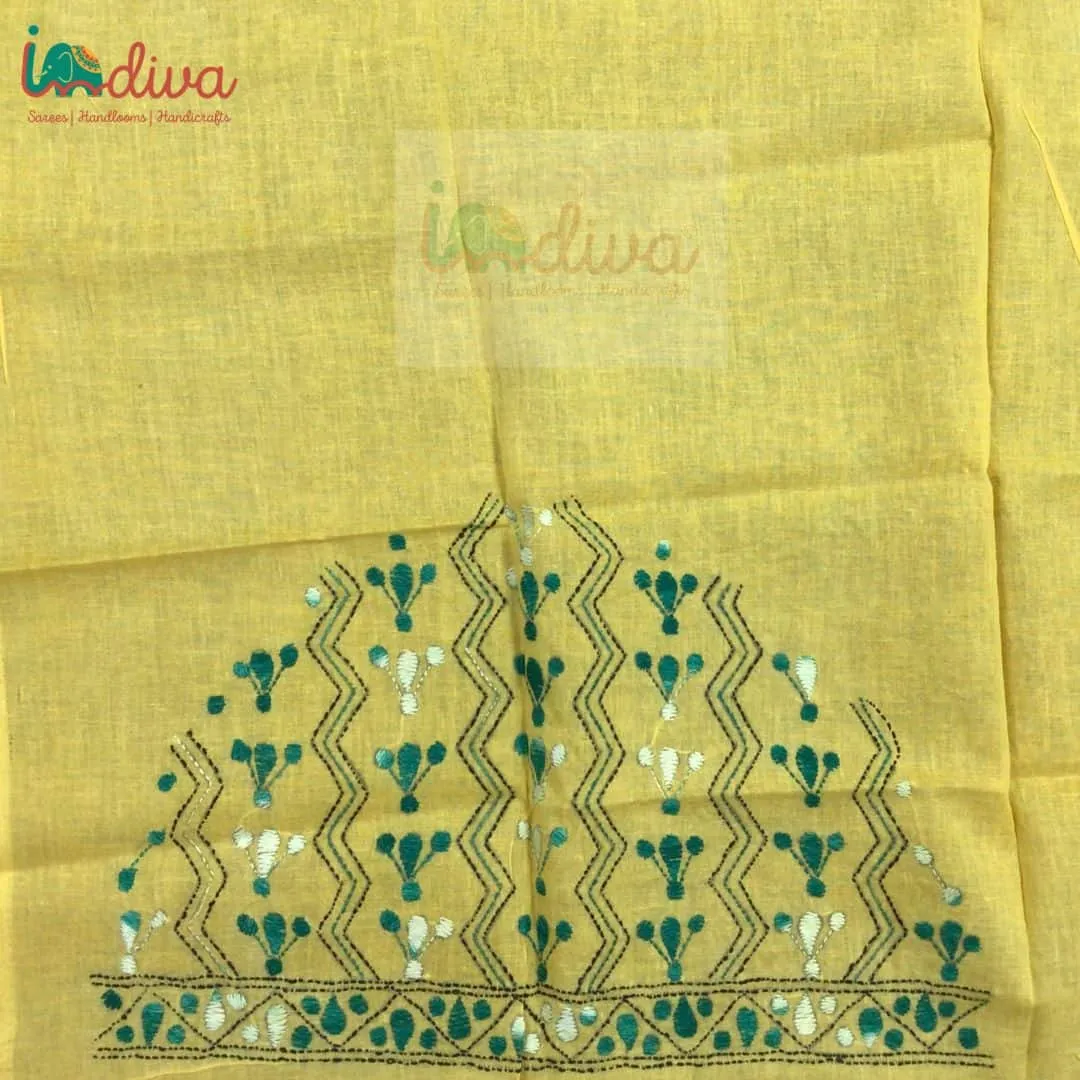 Yellow Kantha Blouse Fabric With Green & White Motifs