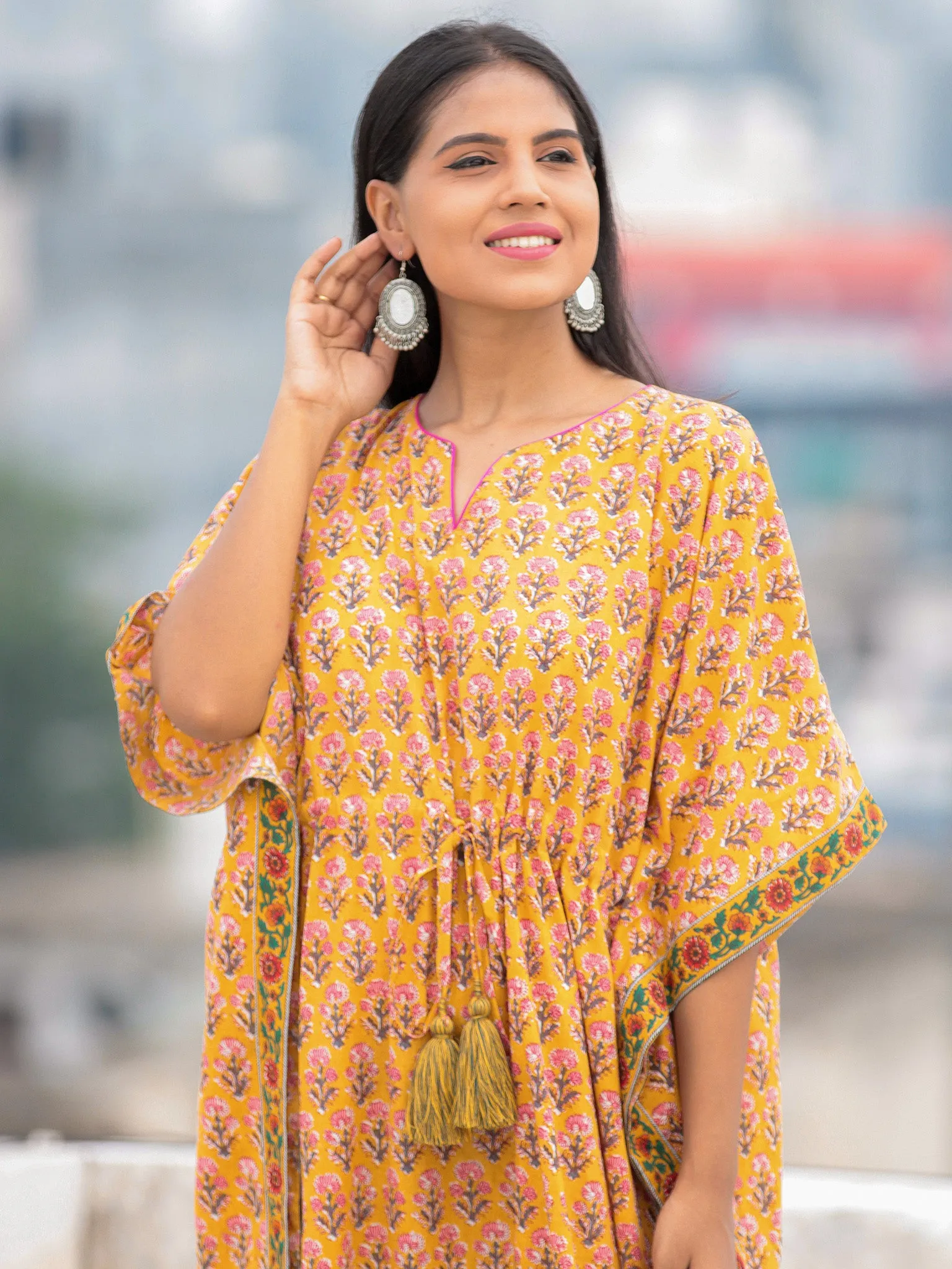 Yellow Pink Green Hand Block Printed Kaftan - K003F2056