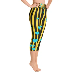 Yellow Striped Yoga Capri Pants, Women's Capris Leggings w/ Pockets -Made In USA/EU