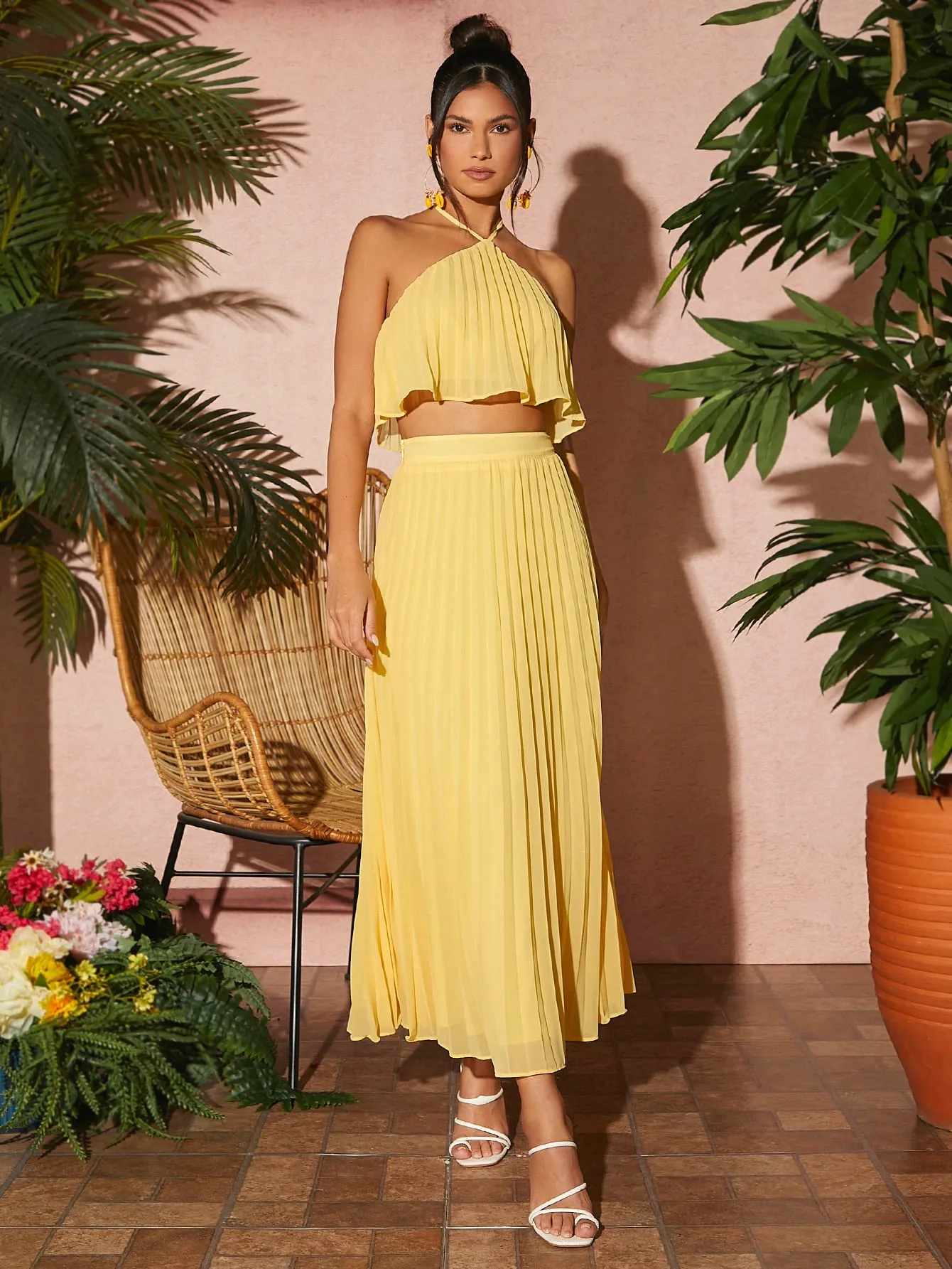 Yellow Tie Backless Sleeveless Halter Top and Pleated Skirt