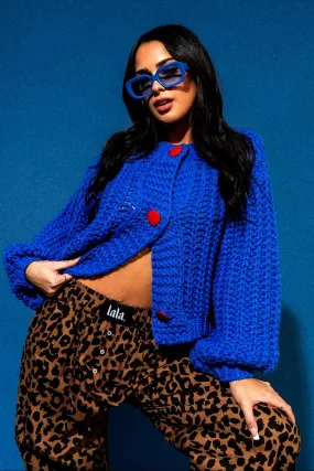 You Wish Hand Knit Chunky Cardigan in Blue