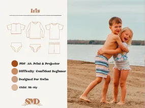 Youth Iris Two Piece Swimsuit, Rash Guard and Board Shorts Digital Sewing Pattern Sizes NB-16Y