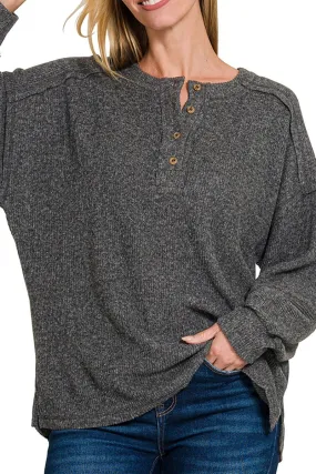 Zenana Frosty Feels Black Brushed Hacci Henley Sweater