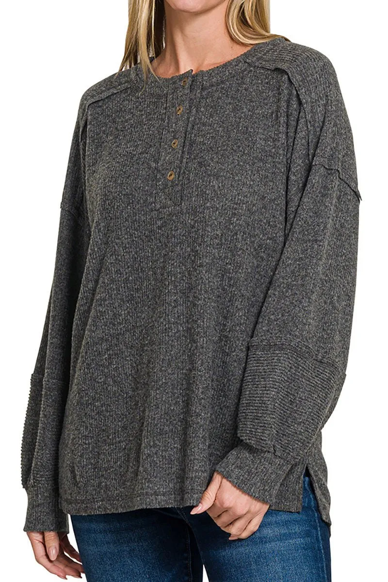 Zenana Frosty Feels Black Brushed Hacci Henley Sweater