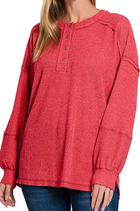 Zenana Frosty Feels Dark Red Brushed Hacci Henley Sweater