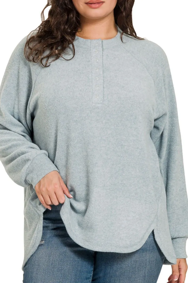 Zenana Plus Size November Nights Blue Gray Brushed Hacci Henley Sweater