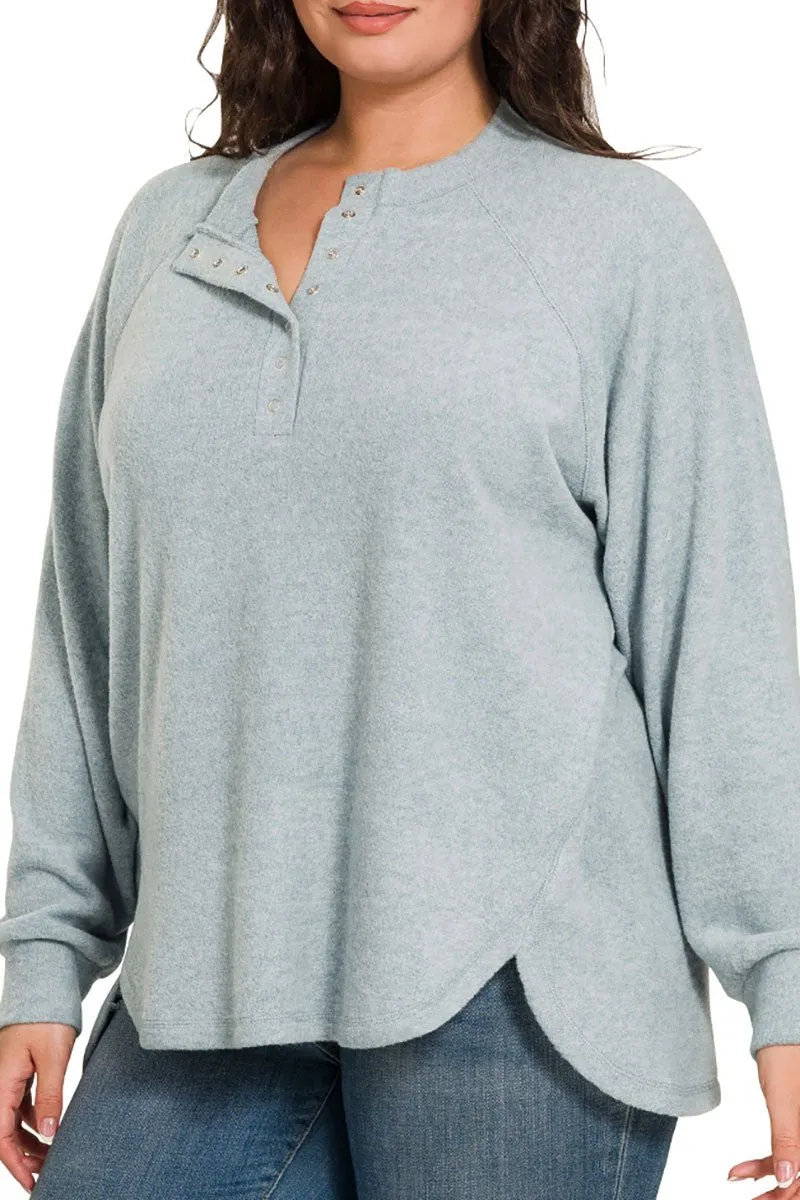 Zenana Plus Size November Nights Blue Gray Brushed Hacci Henley Sweater