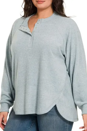 Zenana Plus Size November Nights Blue Gray Brushed Hacci Henley Sweater