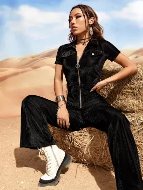 Zip Half Placket Corduroy Flare Leg Jumpsuit
