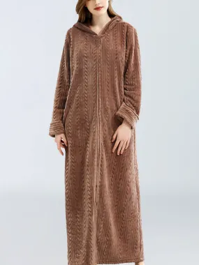 Zip-Up Long Hooded Flannel Lounge Robe