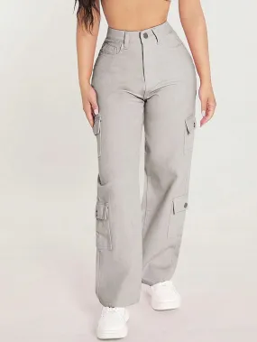 Zipper Closure Denim Cargo Pants