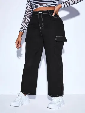 Zipper Fly Top Stitching Cargo Jeans