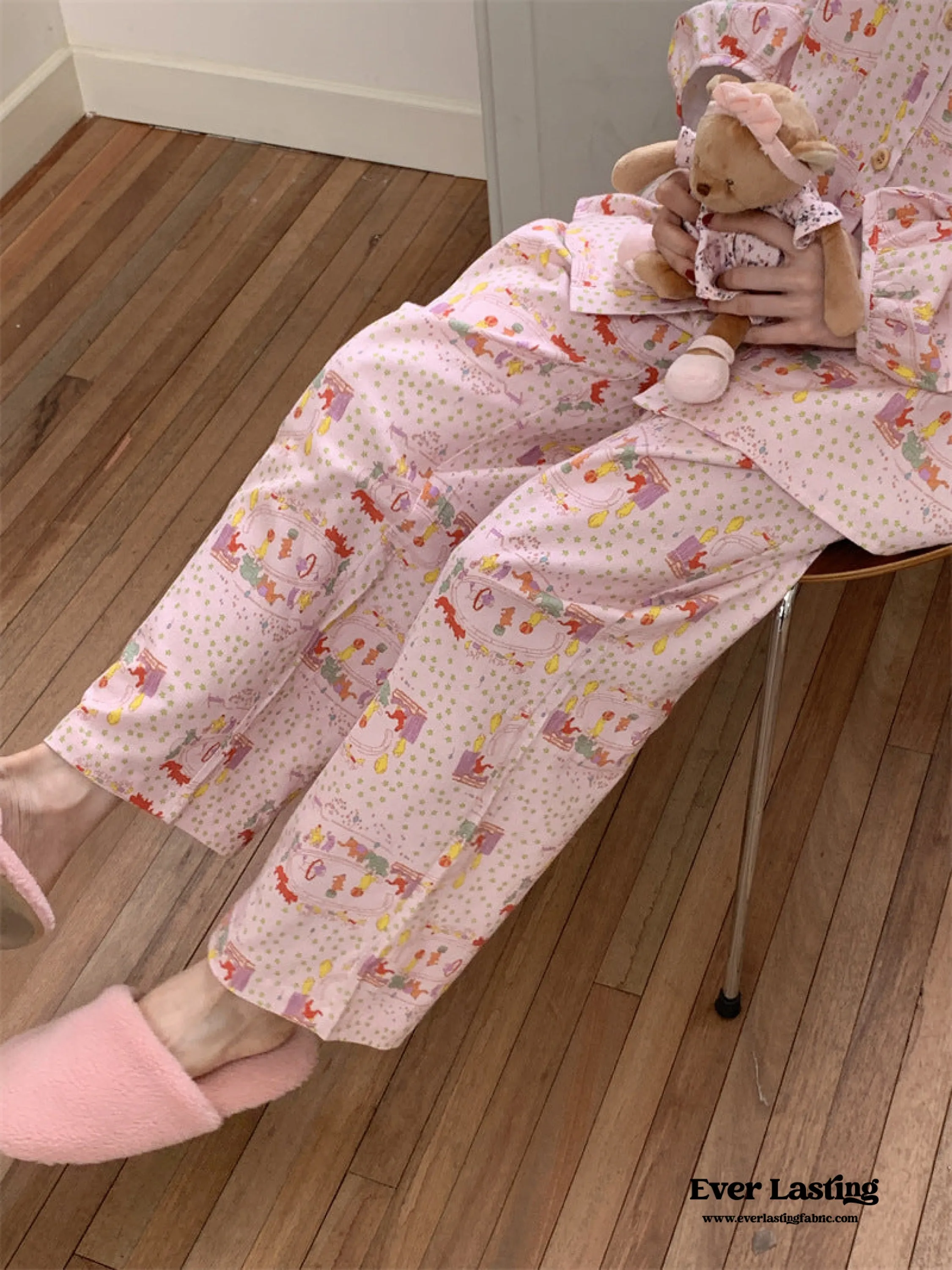 Zoo Long Sleeves and Pants Pajama Set / Baby Pink